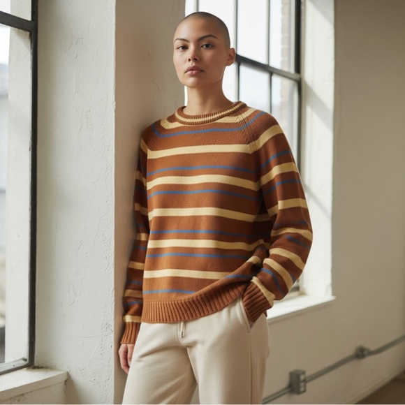 Cabot Sweaters - Vintage Striped Sweater Raglan Sleeve Crew Neck Virgin Acrylic Retro Orange Sz M